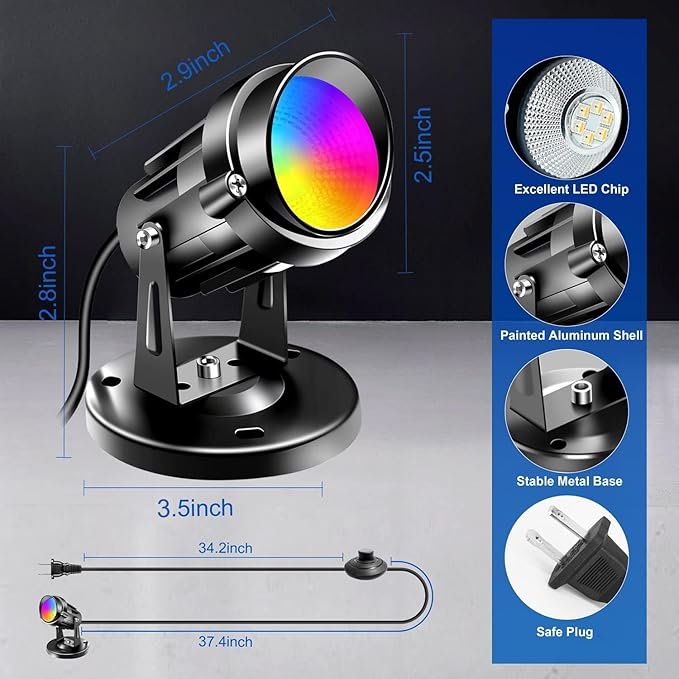 RGBW 6W Color Changing Spot Lights with Remote, 16-Color Uplighting Indoor, 120V Plug-in & 6FT Cord, Includes Floor Foot Switch & Base (2-Pack)