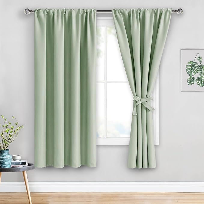 JIUZHEN Blackout Curtains for Bedroom/Living Room - Thermal Insulated Room Darkening Rod Pocket Curtains for Living Room, Set of 2 Panels with Tiebacks, 42 x 63 Inch Length, Light Green