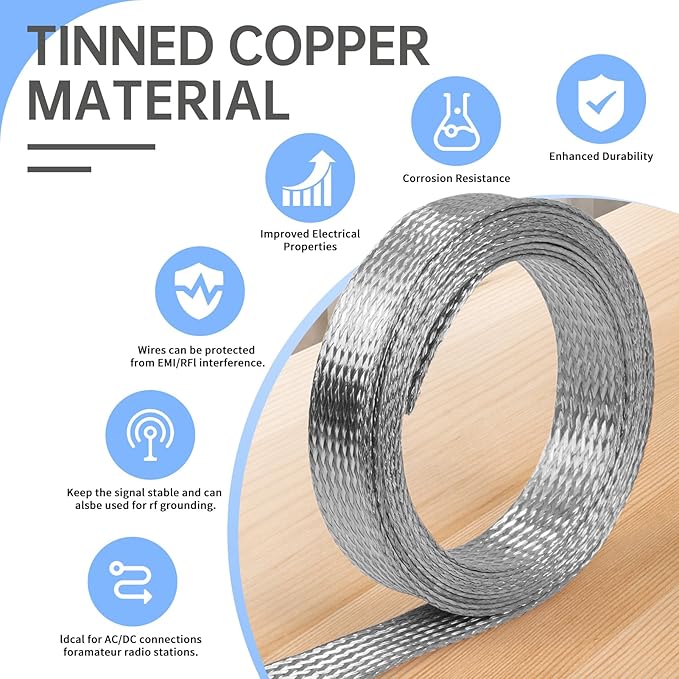 Copper Wire Loom - EMI/RFI Shielding Flexible Cable Management for Automotive Audio, Industrial Expandable Cables, Marine Wiring & Computer Case ﻿ (Tinned Copper, 18mm (45/64")-6.56ft)