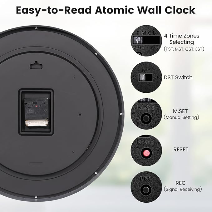Geevon 16 Inch Atomic Wall Clock - Self-Setting Analog Clock with Automatic Time Sync - Battery Operated for Home Office School - Silver Frame