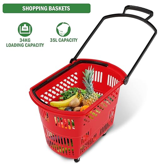 FAHKNS Red Shopping Carts with Wheels, 6PCS 35L Portable Shopping Baskets Set, Grocery Basket with Handles for Supermarket, Retail Store, Laundry