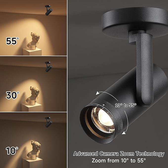 12W LED Dimmable Zoomable Ceiling Spotlight Indoor – Adjustable Surface Mount Accent Spot Light for Picture, Living Room, Plants & Artwork | Warm White 3000K CRI 97, Flicker-Free, Black 2 Packs