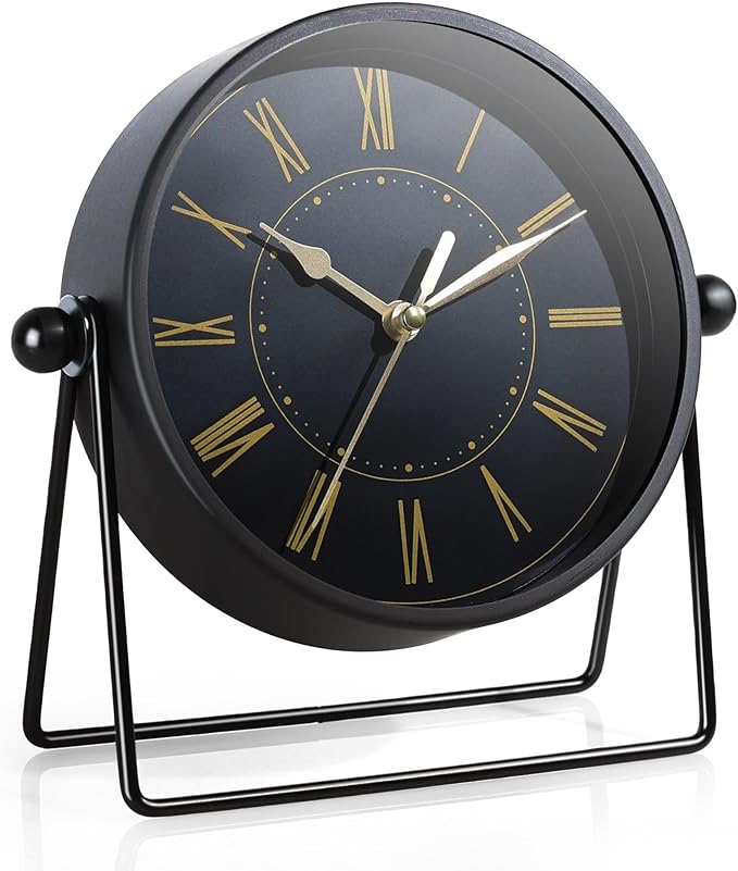 AYRELY® Vintage Black Metal Desk Clock,Battery Operated Mantel Clocks, Decorative Table Clocks with Adjustable Angle for Fireplace Farmhouse Shelf Living Room Décor (Black/Gold)