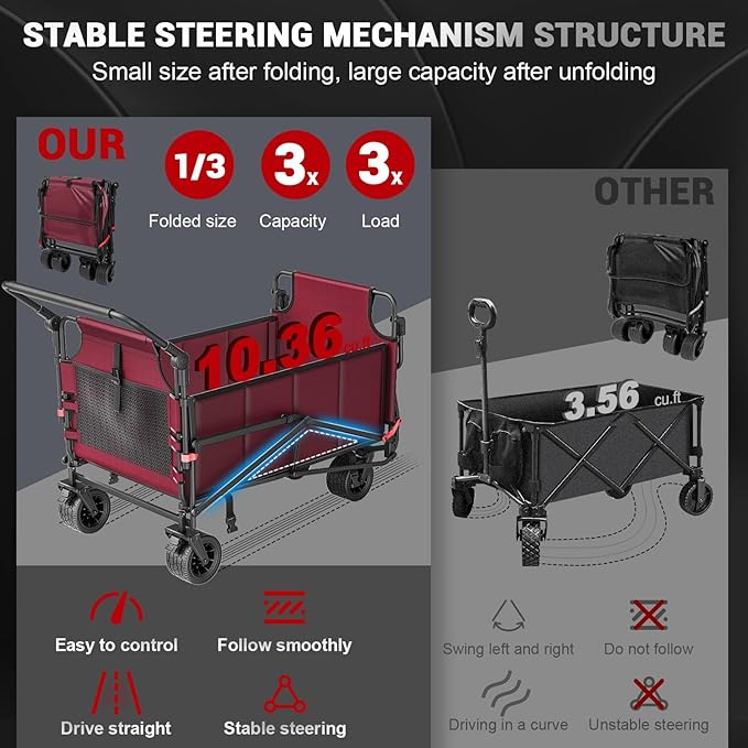 LEVELEVE Heavy Duty Folding Wagon - 2-in-1 Collapsible Cart, 650lb Capacity, All-Terrain Wheels w/Brakes & Side Pockets