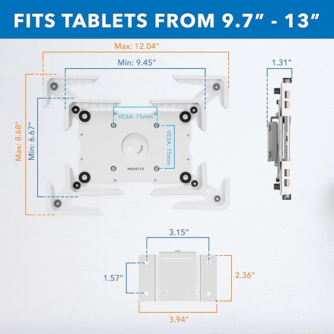 Mount-It! Universal Tablet Wall Mount, Anti-Theft iPad Mount, Enclosure Fits Tablets from 9.7" to 13" Screen Size, Flush Wall Mounting Kiosk, Durable Steel Design, White