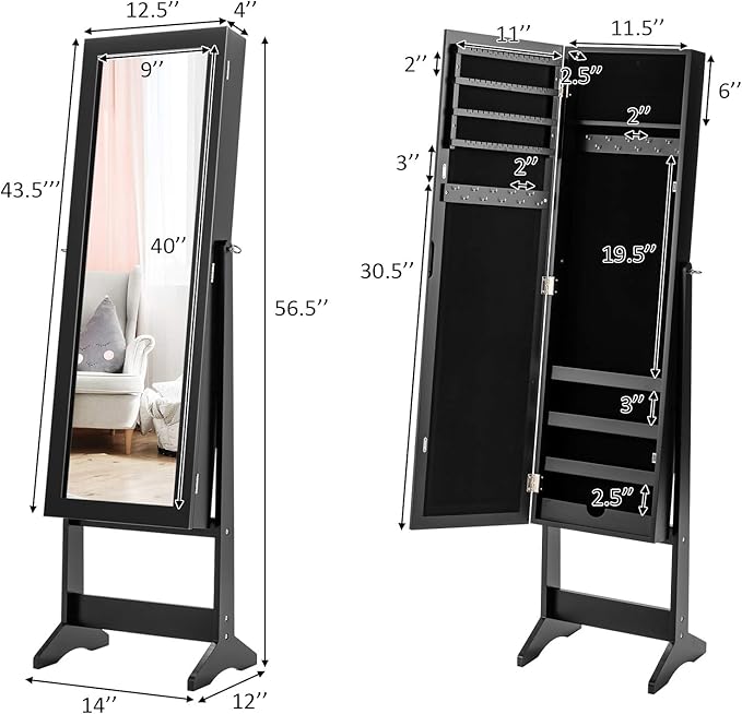 Giantex Jewelry Cabinet with Full-Length Mirror, Standing Jewelry Armoire Organizer with 64 Earring Slots, 72 Ring Slots, 20 Necklace Hooks, 4 Storage Shelves, 3 Angle Adjustable (Black)