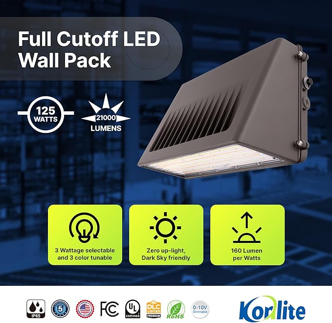 Konlite - 125W/105W/76W Full-Cutoff LED Wall Pack Lights, Selectable Wattage & CCT (5000K/4000K/3000K), LED Wall Light, Energy Efficient, Durable, Outdoor Commercial Wall Pack Light, 20,812LM