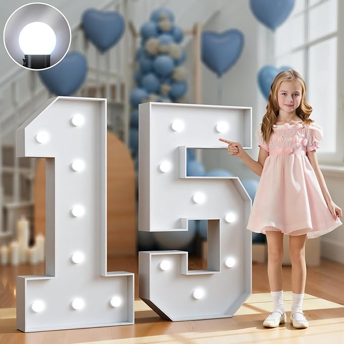 Marquee Numbers 3 Feet Tall Big Light Up Numbers 15th Happy Birthday Decorations Girl Boy White Anniversary Party Decor Large Cardboard Prop Backdrop Sign 15