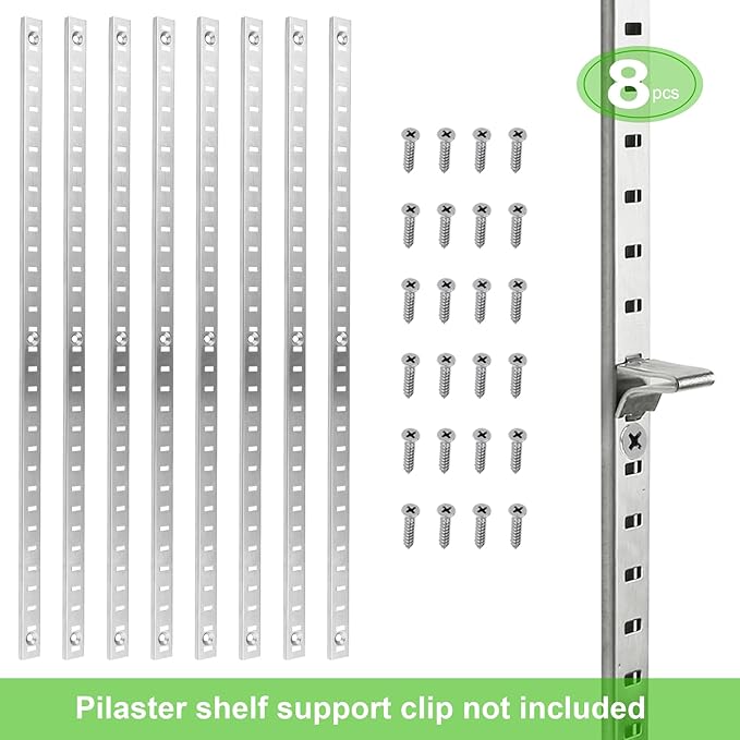 Bueyfolt 17Inch 8 Pcs Pilaster Shelf Brackets, Adjustable Mortise Mount Shelf Rails with Screws for Wall Shelving System