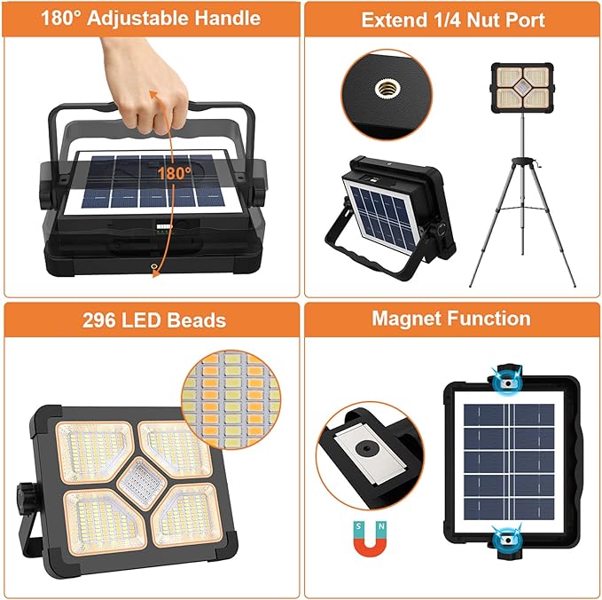 ERAY 120W Portable LED Work Light with Rechargeable Battery 15000mAh 10000 LM, Solar Camping Lights, IP66 4 Lighting Modes Worklight for Outdoor Building Emergency Car Repairing