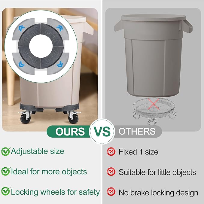 ToLanbbt Trash Can Dollies with 3 in Upgraded Wheels, 15-19 in Adjustable Round Furniture Dollies Heavy Duty 480 LBS Drum Rolling Base, Keg Carts for 20, 32, 44, 55 Gallon Garbage Cans, Gray, 2 PCS