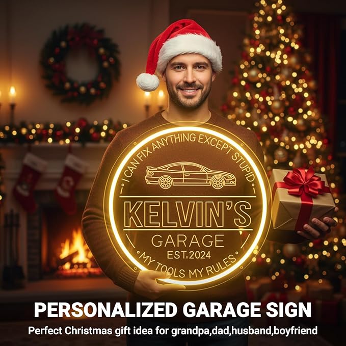 Custom Garage Neon Sign for Wall Decor, Dimmable Personalized Mechanic Garage Sign with Remote Control, Customized Name Light Up Sign for Auto Shop, Workshop, Man Cave, Gift for Men Dad