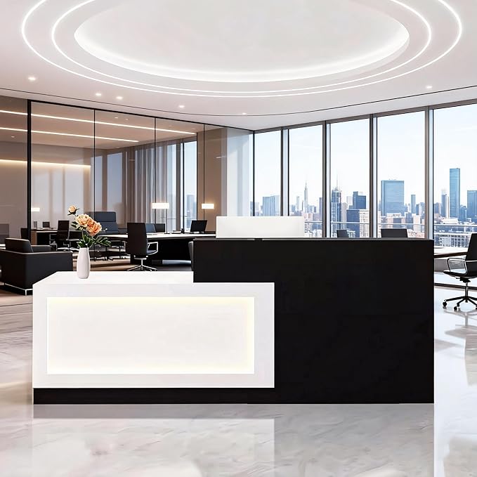 Reception Desk with Counter LED Light and Lockable Drawers and Storage Tall Modern Front Desk Reception Counter for Checkout Lobby Beauty Salon E Left 79inch/200cm