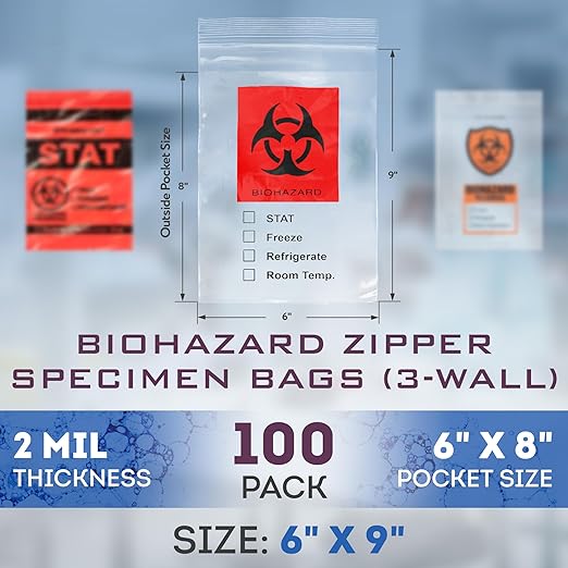 Biohazard Specimen Bags, 6 x 9 Inch. Pack of 100 Clear Zipper Specimen Bags. 3-Wall Polyethylene Biohazard Bag, 2 Mil. LDPE Plastic Bag with Zipper and Attached Document Pouch