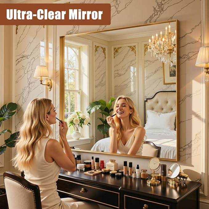 55"x30" Gold Framed Bathroom Mirror, Large Rectangular Vanity Mirror, Aluminum Metal Frame, Wall Farmhouse Modern Wall-Mounted Mirrors for Bathroom, Bedroom, Living Room, Over Sink