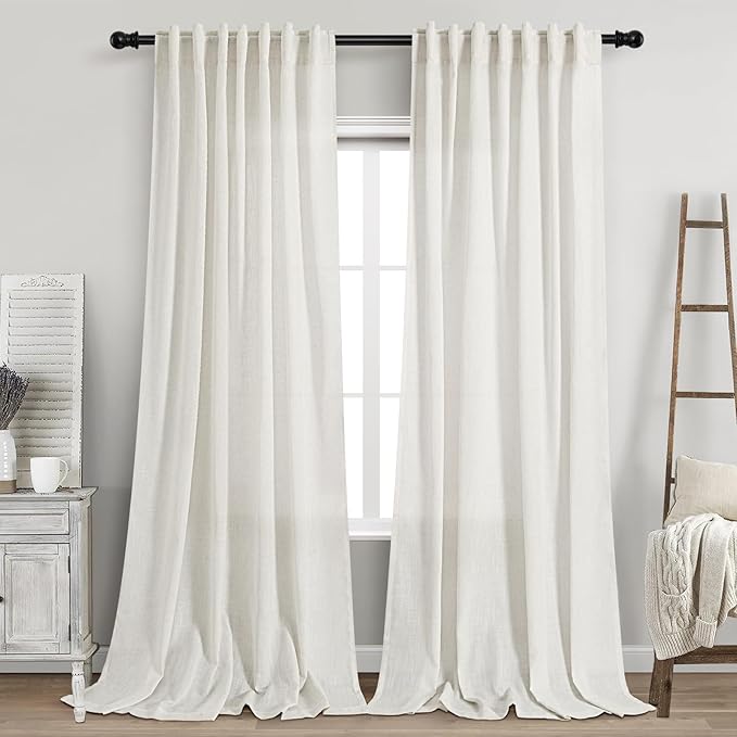 Beige White Linen Curtains 100 Inch Long for Bedroom Back Tab Filters Light Ensures Privacy Transparent Beige White Curtains Modern Farmhouse Coastal Decor Living Room Cotton Textured