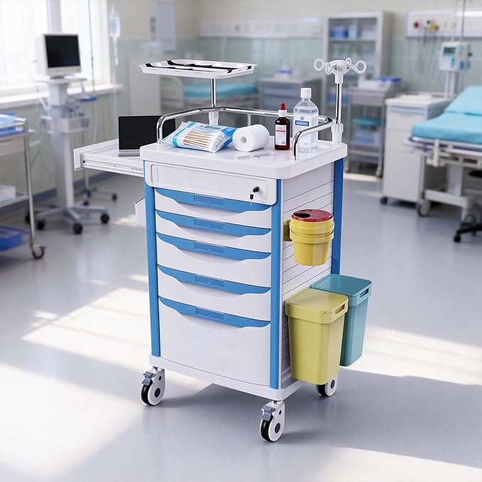 Medical Rolling Storage Crash Cart with Wheels - Adjustable IV Pole, Silent Casters, Needle Disposal Holder, Trash Bin, O2 Holder - Nursing Emergency Cart for Clinic, Hospital, Salon, Lab