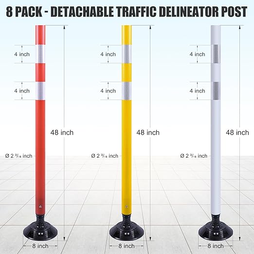 8 Pack Traffic Delineator Post Cones, High Visibility 3M Reflective Tapes, Flexible Spring Post with Detachable Base, for Highway Road Safety, Garage, Parking Lot (Yellow, 48")