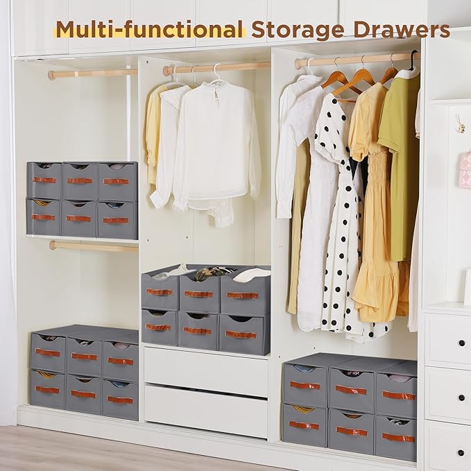 2 Pack Stackable Storage Drawers, Fabric Closet Organizers and Storage with Handles and Clear Window, Pull-Out Clothes Storage Bins with Drawer for Closet, Bedroom, Living Room, Under Bed, Gray