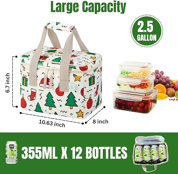 VENO 2 Pack Christmas Insulated Lunch Bag, Heavy Duty Insulated Grocery Bags, Small Cooler with Water-Resistant PP Exterior for Work, Picnic, Travel, Easy-Clean (Jingle Mix, 2 Pack)