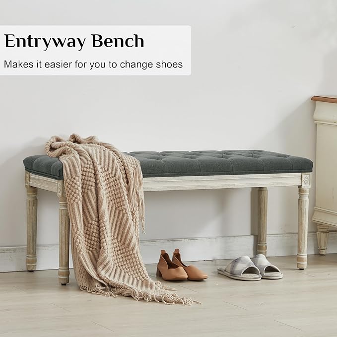 LOULENS 43.9" Linen Fabric End of Bed Bench, Vintage French Upholstered Button Tufted Entry Bench, Window Seat with Carved Wood Legs for Bedroom, Living Room, Entryway, Foyer, Hallway, Dark Grey