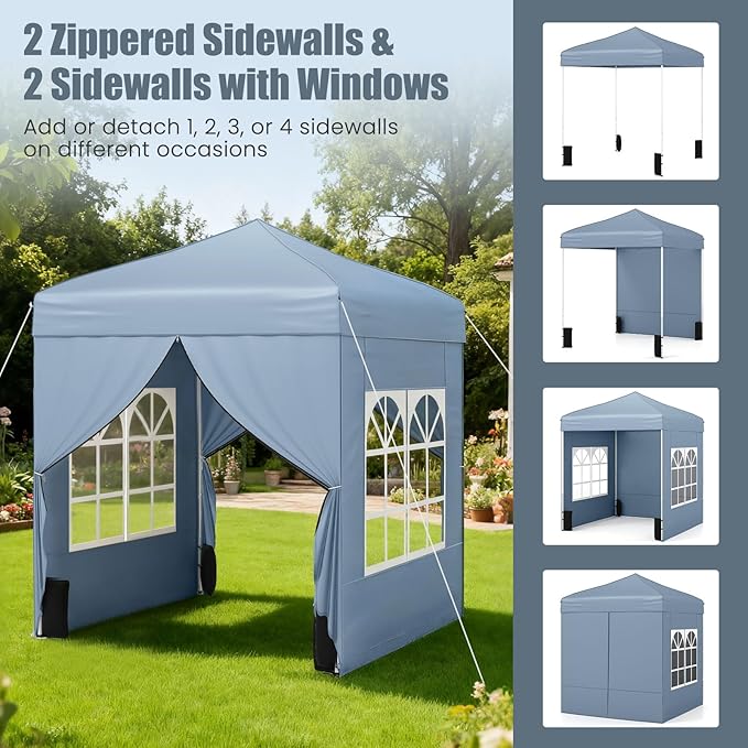 Tangkula 6.5x6.5 FT Pop Up Canopy, UPF50+ Outdoor Canopy Tent with 2 Removable Sidewalls, 2 Zippered Doors, Heavy-Duty Carbon Steel Frame, Wheeled Bag, 4 Sandbags, 8 Stakes, 4 Wind Ropes (Gray)