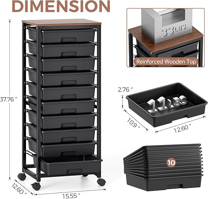 Rolling Cart with Drawers,10 Drawer Rolling Cart,Rolling storage cart with drawers,Black Rolling Drawer Cart,Teacher Rolling Cart for Classroom Storage,Craft Cart with Wooden Tabletop