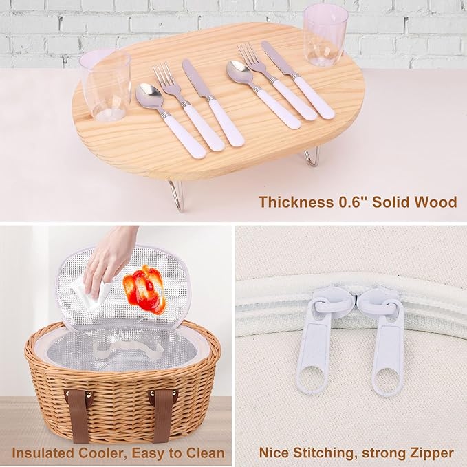 Wicker Picnic Basket Set for 2 Person with Mini Folding Table and Insulated Cooler Bag, Picnic Basket with Woven Handle Design & Tableware Accessories, Woven Oval Picnic Basket for Outdoor