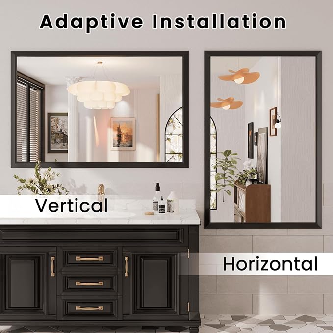 Amorho Bathroom Mirror Black, 55x40 Inch Thick Metal Framed Wall Mirrors, Suitable or Bedroom, Living Room, Entryway, Rectangle Wall-Mounted Mirrors(Horizontal/Vertical).