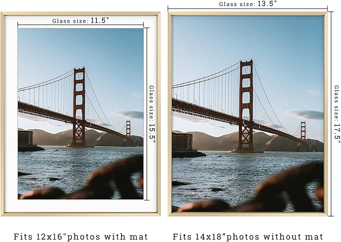 Frametory, 18x24 Metal Picture Frame with Mat for 16x20 Picture & Real Glass, Aluminum Photo Frame Collection (Gold, 1 Pack)
