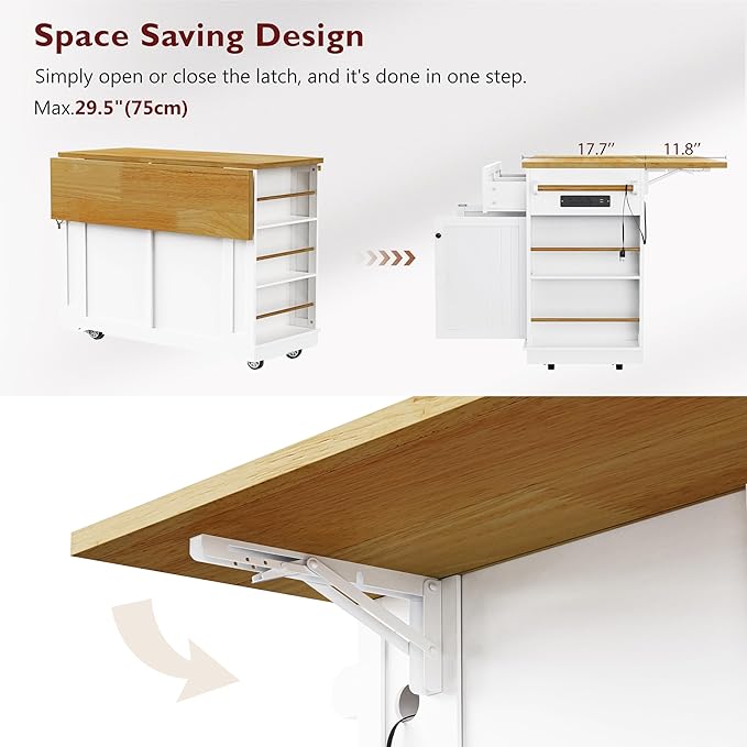 Rolling Kitchen Island with Drop Leaf & Power Outlet, Large Kitchen Islands Cart on Wheels, Movable Kitchen Island with 5 Open Storage Shelves & Towel Rack for Kitchen, Dining Room, 48-Inch, White