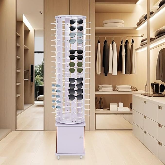 Sunglasses Display Stand, 108 Pairs Wooden 360° Rotating Sunglass Eyeglass Holder Organizer, Glasses Hanger Storage Rack for Retail Commercial Display, L14.2*H66.1in, White