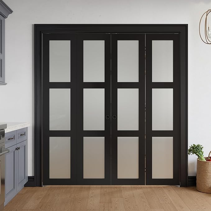 Bifold Doors for 72" x 80" Opening, 3-lite Tempered Frosted Glass Closet Folding Doors with Hardware kit Included, Easy Assembly, Black