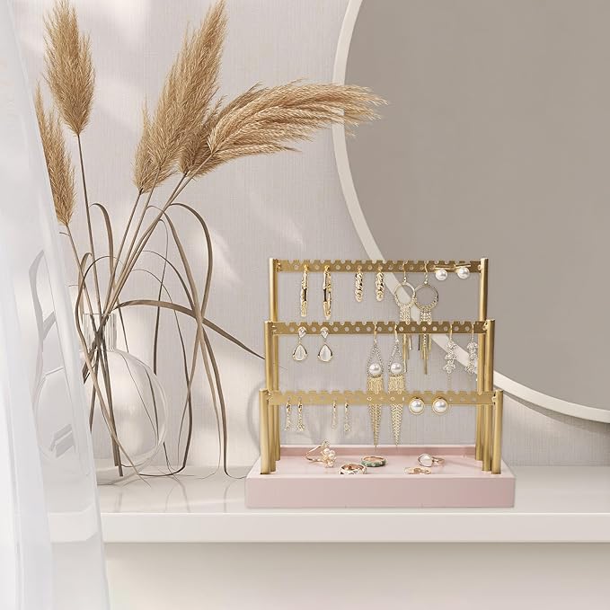 SANY DAYO HOME 3-Tier Earring Holder Organizer Stand, 105 Holes Gold Metal Earring Rack Jewelry Display Tree with Pink Wood Tray for Women and Girls
