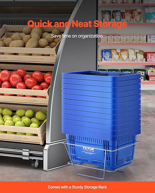 VEVOR 12 PCS Shopping Basket, 16.73 x 11.61 x 8.86 inch Durable Plastic Grocery Basket with Stand & Handle, 24L Portable Shop Basket Bulk, Idea for Retail Store Supermarket Grocery Shopping, Blue