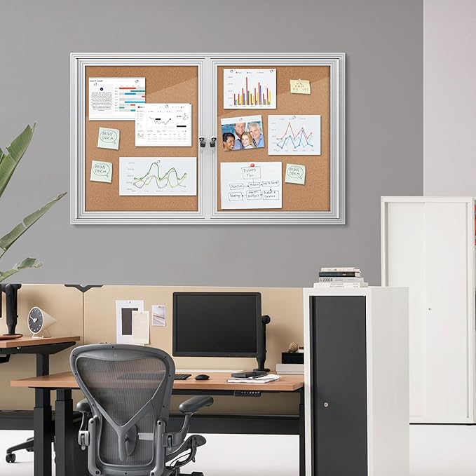 Mifuro 48"x30" Enclosed Bulletin Board, Outdoor Lockable Weather-Resistant Aluminum Cork Noticeboard for School & Office, Silver Frame w/Cork