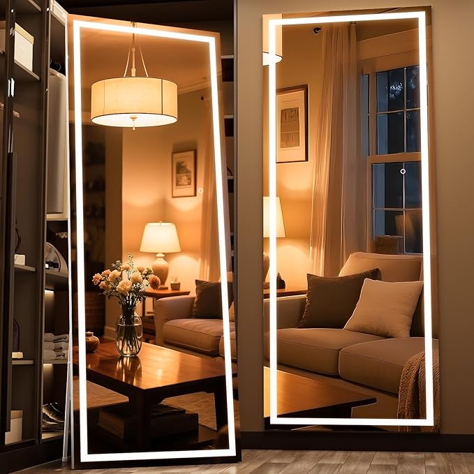 Full Length Mirror with Lights, 75" x 28" LED Lighted Floor Standing Body Mirror, Dimmable & 3 Color Lighting for Bedroom, Cloakroom, Dressing Room, Tempered Glass, Square White