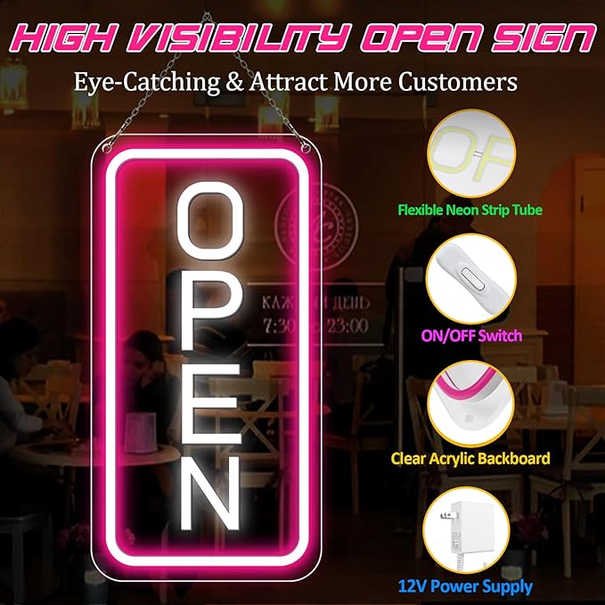 inShareplus 22.8"x 11.8" Open Signs for Business, Super Bright Sign Open, Neon Open Sign with ON/OFF Switch adapter, Electric Light up Sign for Stores, Restaurants Window (Pink&White Vertical)