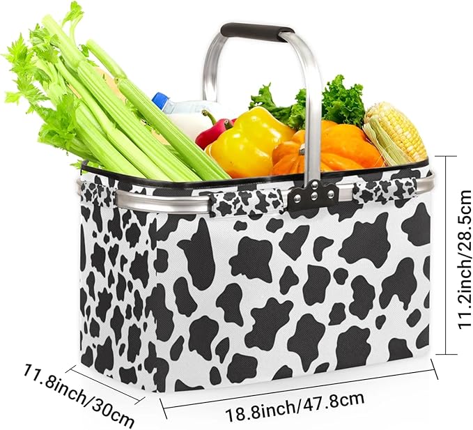 Collapsible Picnic Basket with Handle, Shopping Basket Aluminum Frame, Grocery Basket Tote for Women, Farmers Market Basket, Harvest Baskets Camping Travel Portable Beach Bag (Cow Printing Pattern)