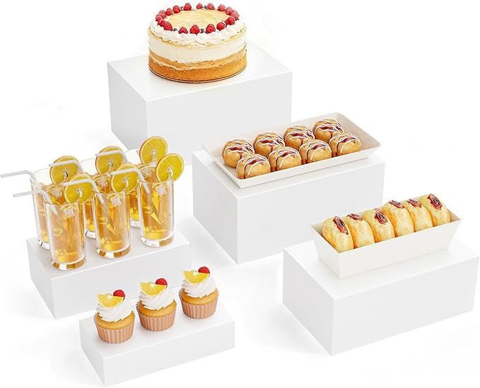 5 Pcs Metal Display Stands for Buffet Table Cake Risers, Cupcake Rectangle Stand for Wedding, Party, Catering Supplies, Elegant Food Risers for Display with 5Pcs Hollow Bottoms Sturdy Modern (White, 2 IN to 12 IN)