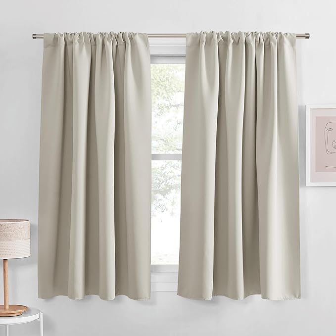 PONY DANCE Cream Draperies & Curtains - Room Darkening Rod Pocket Top Thermal Insulated Noise Reducing Short Curtain Panels for Kitchen Bedroom, 42 Wide x 45 Inches Long,Cream, 2 PCs