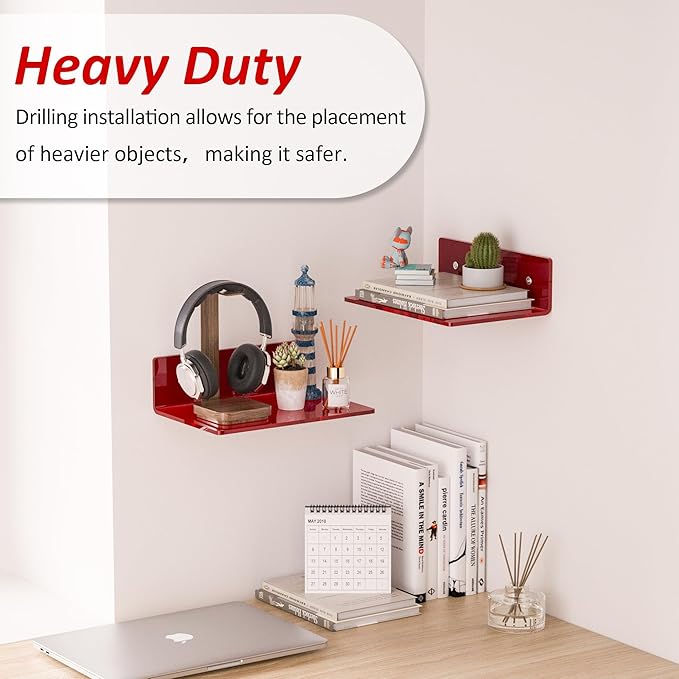 9 Inch Red Acrylic Small Wall Shelf, Home Wall Display Ledges for Storage, Room Décor, Space Saving, Items Organizer, 2 Pack