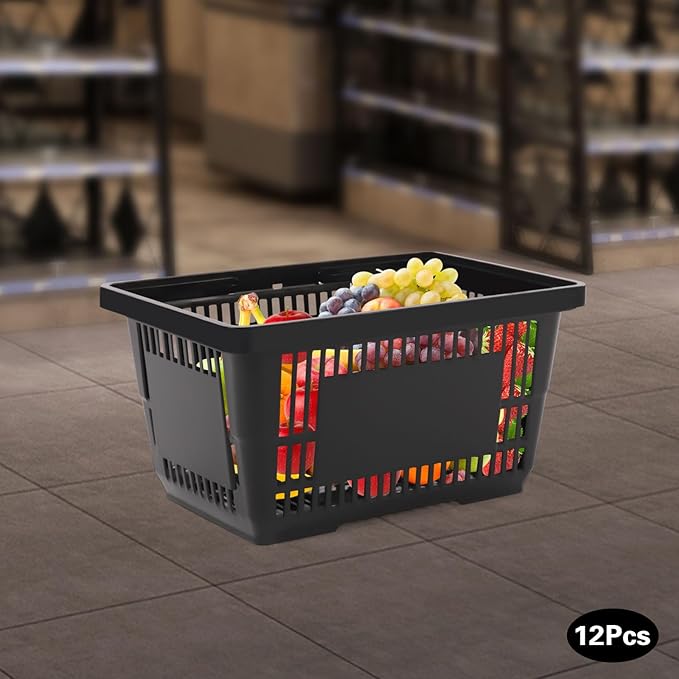 12 Pcs Shopping Baskets,21L/5.5gal Durable Black Plastic Store Shopping Baskets w/Handles Convenient Sundry Laundry Basket,17*9*12in Portable Store Retail Baskets Set for Market Thrift,Black