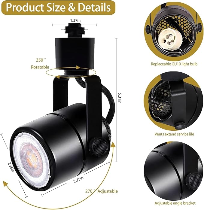 Black 4PCS LED Track Lighting with Advanced Replaceable GU10 Bulbs, Switchable 3CCT and Dimmable Brightness(20%-100%), Versatile Ceiling Spotlight Fixtures for Any Space(No Track Rail)