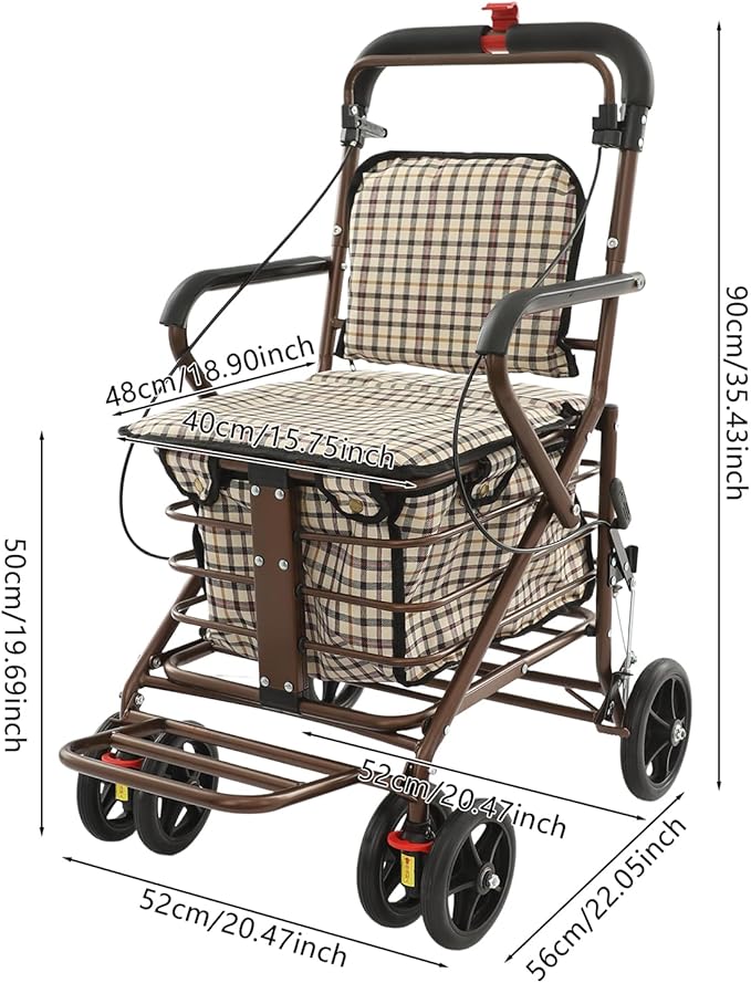 Shopping Cart, 220lbs Foldable Shopping Cart, Utility Cart with Seat & 360° Wheels, for Groceries, Laundry, Camping (Checkered)