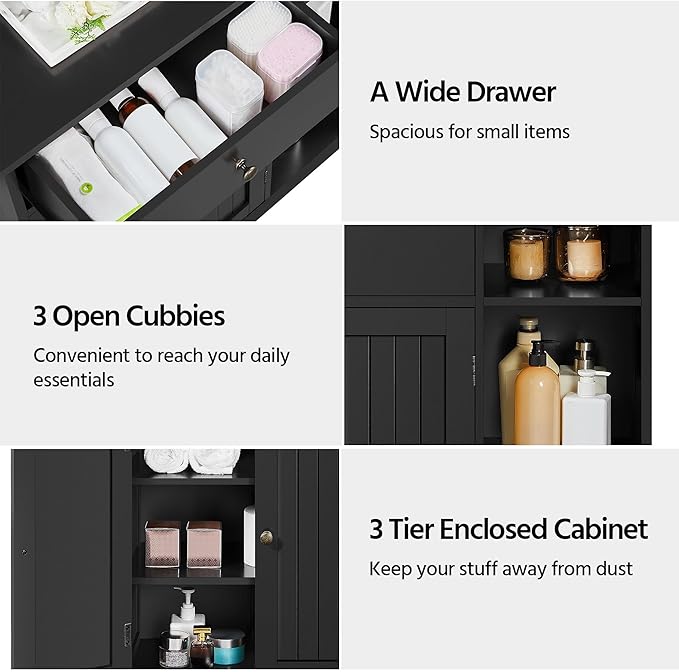 Yaheetech Bathroom Storage Cabinet, Bathroom Floor Cabinet with 2 Doors and 1 Drawer, Storage Units with 3 Open Compartments and Adjustable Shelves for Living Room, Entryway, Black