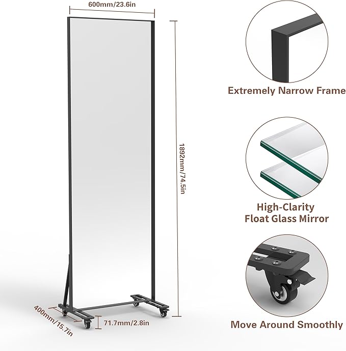 ANYHI Full Length Mirror with Wheels, 360° Swivel Full Body Rolling Mirror, 23.6"*74.5" Sturdy Standing Floor Mirror for Home Gym, Bedroom, Yoga & Dance Studio