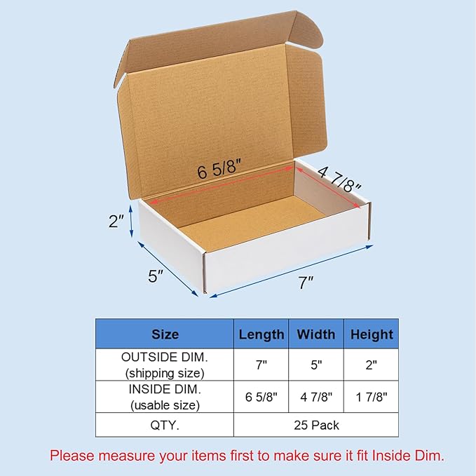 Shipping Boxes 7x5x2" 25 Pack - White Corrugated Cardboard Box Mailers for Small Business, Literature Mailer Box Packaging Supplies
