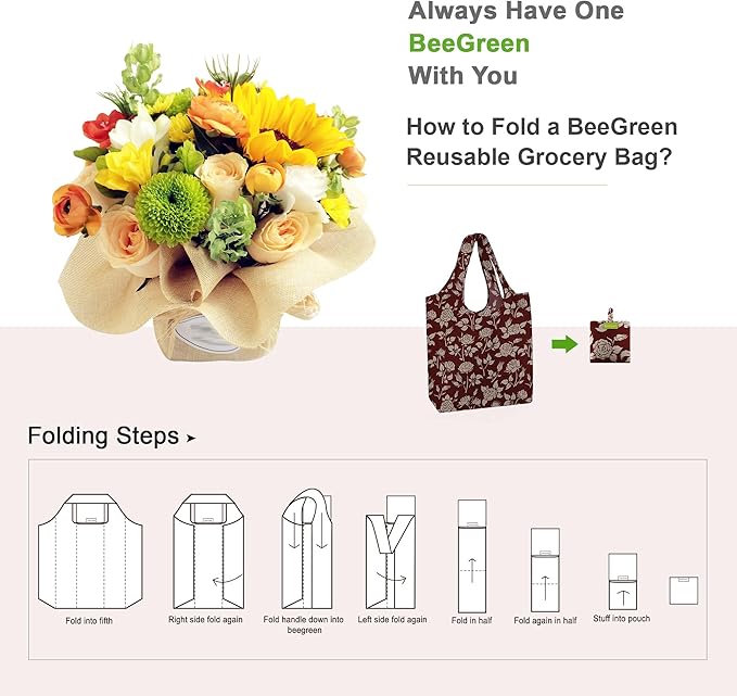 BeeGreen Rose Reusable Shopping Bags 6 Pack - Heavy Duty Washable and Foldable Polyester Shopping Bag for Women, Reusable Gift Grocery Totes Market Tote Bag with Handles for Travel Holiday