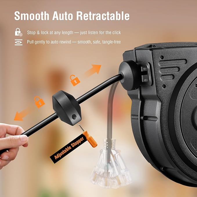 SURAIELEC 12 Gauge Extension Cord Reel, 60 FT Retractable Extension Cord, 12 AWG/3C SJTOW Heavy Duty Power Cord, 13 AMP Circuit Breaker, Lighted Triple Tap, Ceiling or Wall Mount, ETL Listed, Black